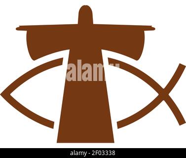 Preacher with stretched hands and christian fish isolated. Vector religion symbols, priest or pastor Stock Vector