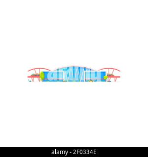 Railway station terminal with trains on platform. Vector building of railroad, subway metro design, bus and taxis, parking zone. Public underground tr Stock Vector