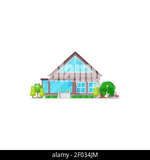Country villa with panoramic windows, entrance door and mansard roof isolated contemporary dwelling place. Vector suburb mansion, real estate building Stock Vector