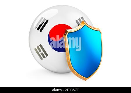 South Korean flag with shield. Protect of South Korea concept, 3D rendering isolated on white background Stock Photo