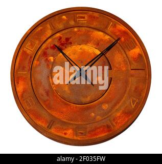 Round industrial wall clock in iron, rust all over the dial, isolated on white background. Stock Photo