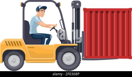 Forklift truck with driver vector isolated icon. Warehouse worker loading container with fork extensions Stock Vector