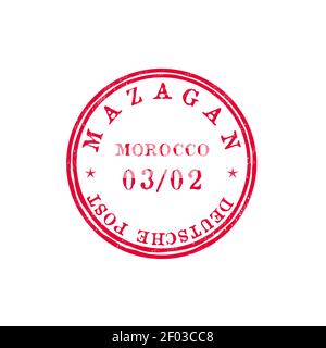 El Jadida Mazagan port city on Atlantic coast of Morocco post stamp template. Vector ink rubber seal print with date, red emblem of postal express del Stock Vector