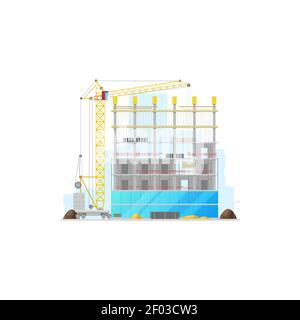 Building construction of house and working crane isolated icon. Vector construction of real estate home, warehouse or storehouse. Working cranes put s Stock Vector