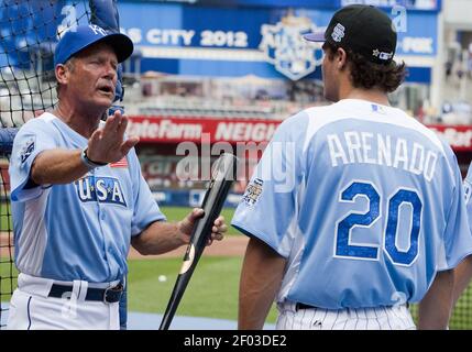 U.S. Team manager George Brett watched batting practice for the All-Star  Futures baseball game at Kauffman Stadium in Kansas City, Missouri, Sunday,  July 8, 2012. (Photo by John Sleezer/Kansas City Star/MCT/Sipa USA