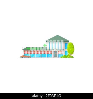 Drugs store facade isolated realistic pharmacy building with car and green trees. Vector drug store with entrance and windows, pharmacy signboard and Stock Vector