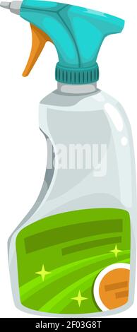 Cleaning spray bottle isolated windows washing detergent. Vector trigger with sparkles and label, cleaning liquid to wash glass. Sprayer to clean bath Stock Vector