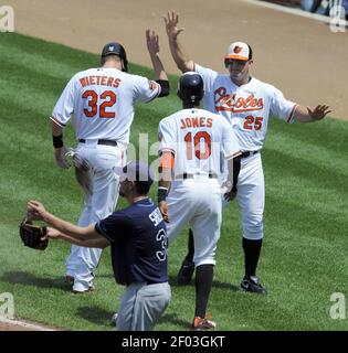 Baltimore Orioles' Matt Wieters (32) celebrates in the dugout