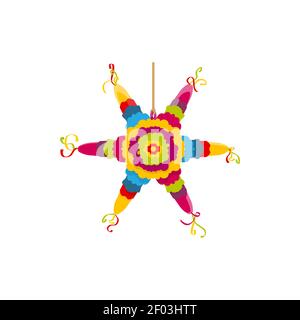 Pinata star-shape figure with toys and candies isolated icon. Vector birthday party game attribute, striped confectionery and confetti. Cinco de Mayo Stock Vector