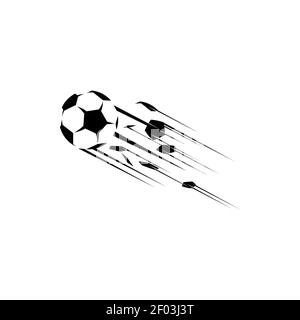 Vector sport equipment, soccer ball in move isolated monochrome icon. Moving football ball leaving trace, kick or shoot sign. Soccerball on speed, cha Stock Vector
