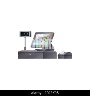 Electronic cash register isolated till device. Vector machine registering and calculating transactions at point of sale. Printer to print out receipts Stock Vector