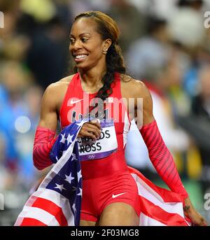 Sanya Richards-Ross of the USA celebrates after winning women's 400m race at Olympic Stadium during the 2012 Summer Olympic Games in London, England, Sunday, August 5, 2012. (Photo by Harry E. Walker/MCT/Sipa USA)