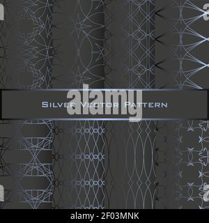 Set of Silver Geometric Ornamental Seamless Pattern. Luxury design for textile, fabric, wrapping paper. vector illustration. Dark gray, black backgrou Stock Vector