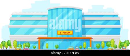 Exterior view of soccer football stadium isolated building with glass facade. Vector sport complex architecture Stock Vector