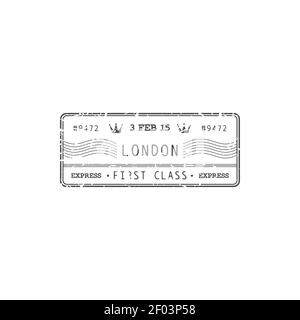 Air mail of UK, royal post isolated London stamp with express first class delivery sign. Vector grunge icon, postmark. Postal correspondence transport Stock Vector