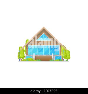Modern country house with glass panoramic windows and two garages isolated realistic icon. Vector stylish building, home on rent or sale, mansion in c Stock Vector