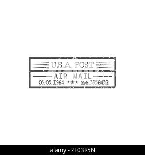 USA post air mail isolated retro stamp with date. Vector airmail delivery grunge icon, retro postmark. American postal correspondence transportation, Stock Vector