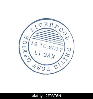 Liverpool British post office round stamp isolated icon. Vector rubber seal print, mailing postmark template, grunge blue postal sign. mark on envelop Stock Vector