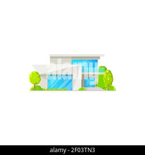Villa country urban building with garden, stairs and balcony isolated icon. Vector home on sale or rent, urban realistic chalet. Country dwelling outd Stock Vector