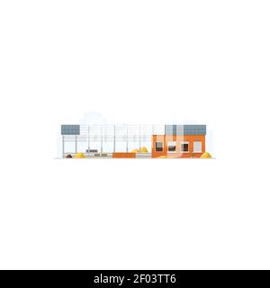 Warehouse building construction site isolated icon. Vector industrial factory storage of building materials, piles of concrete and sand, city mall or Stock Vector