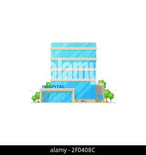 Glass building of hospital isolated city infrastructure house. Vector front view of medical center, place where doctors work. Healthcare and ambulance Stock Vector