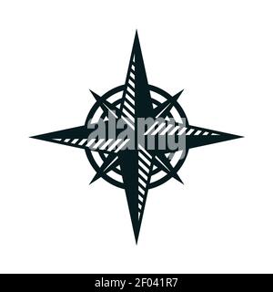 Navigation compass silhouette vector illustration. Cartography, geography, sailing hand drawn monocolor symbol. Wind rose, compass monochrome badge. W Stock Vector