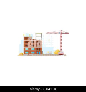 Architecture build process isolated house building icon. Vector working cranes put stone blocks on facade. Construction of real estate home, warehouse Stock Vector