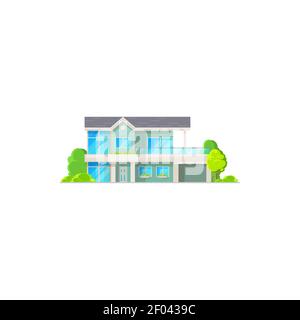 Modern country house isolated cottage townhouse icon. Vector patio with glass panoramic windows and garage. Contemporary stylish building, home on ren Stock Vector