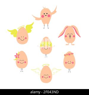 Easter eggs characters with emotions. Egg angels, easter bunny, chicken Stock Vector
