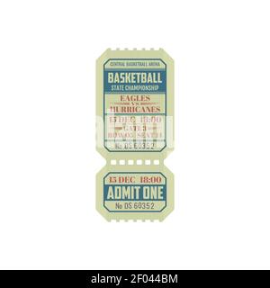Basketball state championship full ticket template. Vector paper card or coupon invitation on tournament, basket ball game pass. Admit one on grand ba Stock Vector