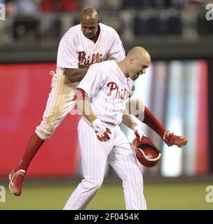 Florida Marlins' Juan Pierre steals second base under Philadelphia Phillies  infielder Jimmy Rollins during the first inning Wednesday, Sept. 17, 2003,  in Philadelphia.(AP Photo/Miles Kennedy Stock Photo - Alamy