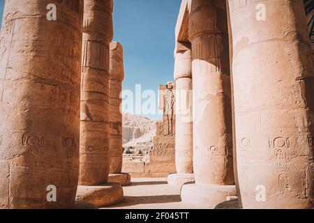Ruins of the Egyptian temple of Ramesseum, the funeral temple of Pharaoh Ramses II XIII century BC , near the modern city of Luxor. Stock Photo