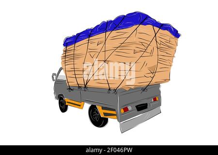 Simple Vector Hand Draw Sketch, Over Load or Used Cardboard Pickup Car Stock Vector