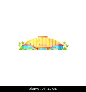 Circus marquee and blue windows, amusement awning and palm trees, vehicles and benches. Vector facade of big entertainment arena construction, cirque Stock Vector