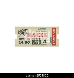 Equestrian sport competition ticket isolated card with stallion horse and checkered racing flag. Vector admit one on hippodrome, keep ticket until end Stock Vector