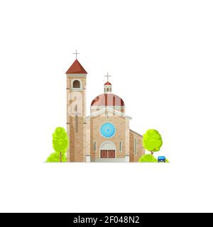 Retro monastery isolated catholic church with temple. Vector religious building, place of worship and pray, catholic or orthodox church, parking zone Stock Vector