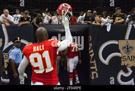 Kansas City Chiefs linebacker Tamba Hali (91) rushes the quarterback during  an NFL game against the Dallas Cowboys on Sunday Sept. 15, 2013 at  Arrowhead Stadium in Kansas City, MO. (AP Photo/TUSP