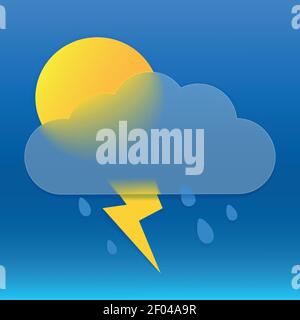 Vector drawing. Weather icon with cloud in style glass morphism sun, lightning and raindrops on blue background. Stock Vector