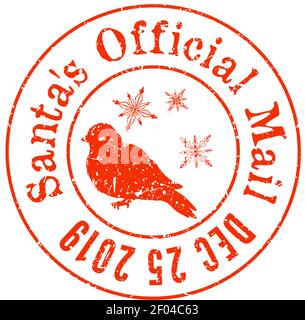 Santas official sign with bird and snowflakes isolated round poststamp. Vector grunge Christmas post mark Stock Vector