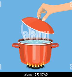 Cooking pot on stove with water and steam. Stock Vector