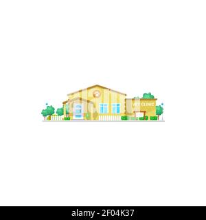 Clinic to take care about home pets isolated veterinary clinic facade exterior. Vector pet shop store, dogs cats hospital. Medical veterinary clinic f Stock Vector