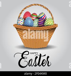 happy Easter. bamboo basket with colorful Easter eggs. vector illustration design Stock Vector