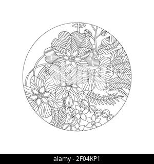 Outline doodle flowers mandala in black and white for adult coloring books, monocrome floral vector pattern. Stock Vector