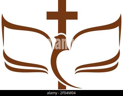 Dove symbol of hope, cross and open bible book silhouette isolated. Vector christian religion bird and crucifix Stock Vector