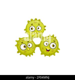 Three funny viruses with spikes joint together isolated biohazard epidemic infection sign. Vector pandemic bacterias, germ cells in comic cartoon styl Stock Vector