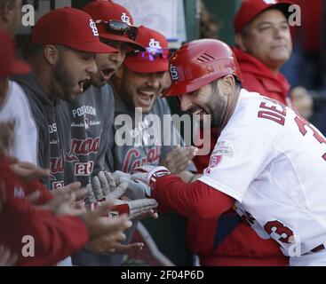 St. Louis Cardinals Daniel Descalso (L) and Jon Jay ham it up before the  taking of the team photograph before a game against the MIlwaukee Brewers  at Busch Stadium in St. Louis