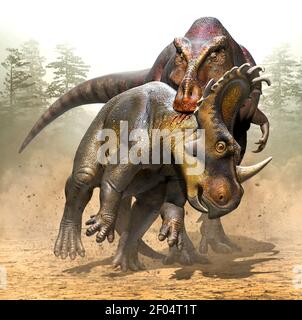 Zhuchengtyrannus And Sinoceratops Stock Photo