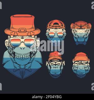 monkey head collection retro vector illustration for your company or brand Stock Vector