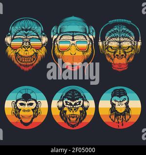 monkey music collection retro vector illustration for your company or brand Stock Vector