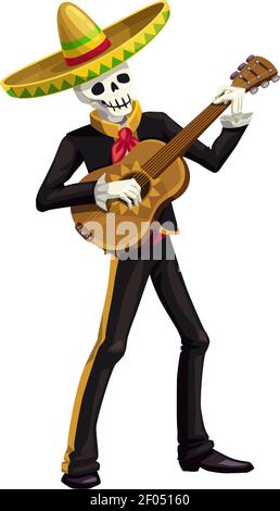 Human skeleton in sombrero hat and black suit playing on guitar. Vector Cinco de Mayo day of dead Stock Vector